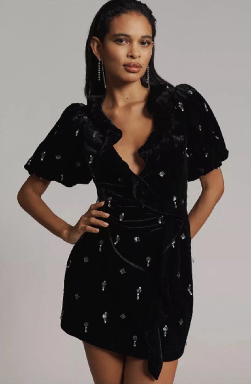 Anthropologie Maeve Black Velvet Embellished Mini Dress Size 2 NEW